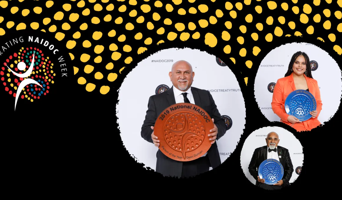 At left is a small circular logo featuring white human shaped image on a background of dots in circular pattern. At right are 3 images of Indigenous people holding plate shaped trophies. Images are on a black background with yellow dot formation above.