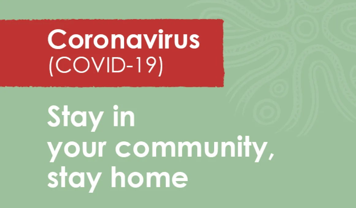 A predominantly green tile with the words Coronavirus (COVID-19) on a red background and the words, 'Stay in your community, stay home' on the green.