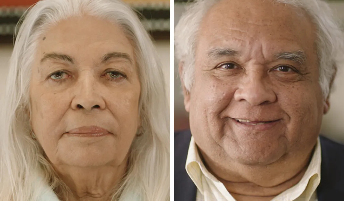 An image with two panes: at left is a mature woman with long white hair. At right is a mature man with white hair and wearing a dark jacket and pale shirt.