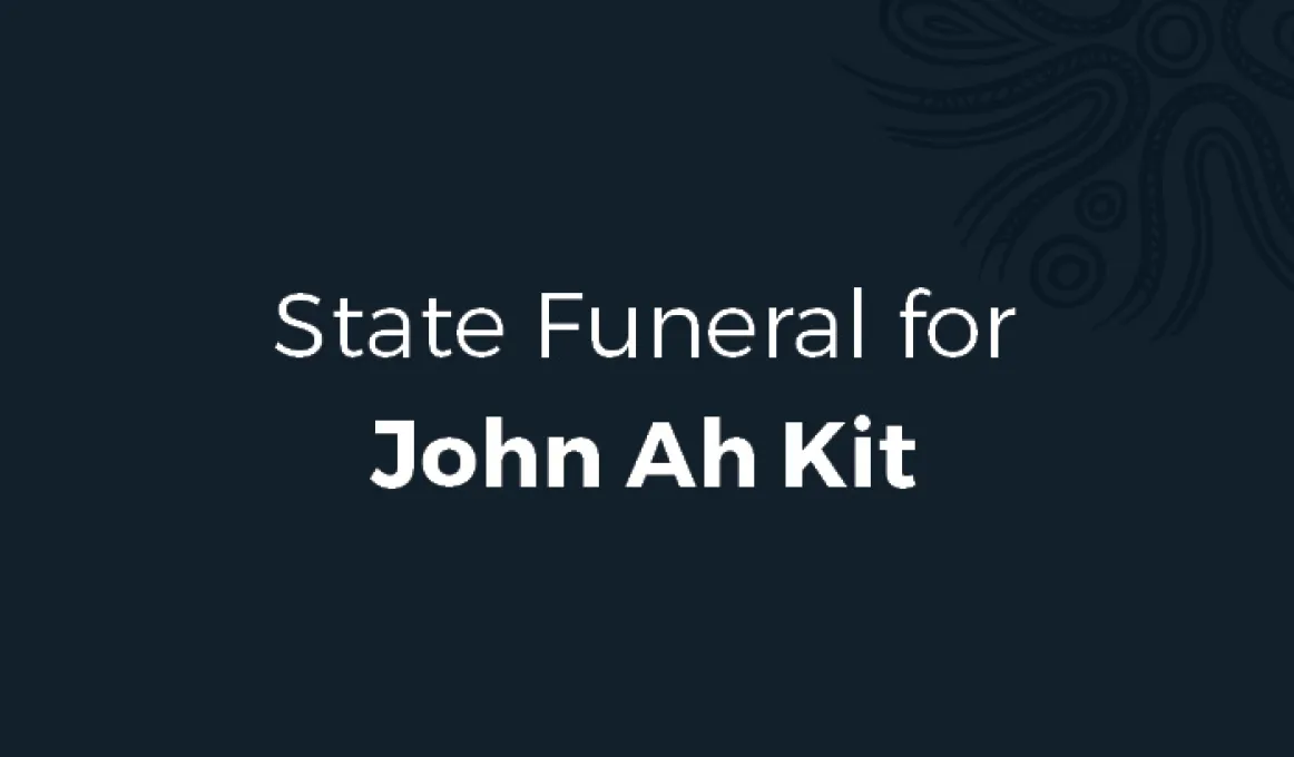 Blue tile with the following words in the centre: State Funeral for John Ah Kit