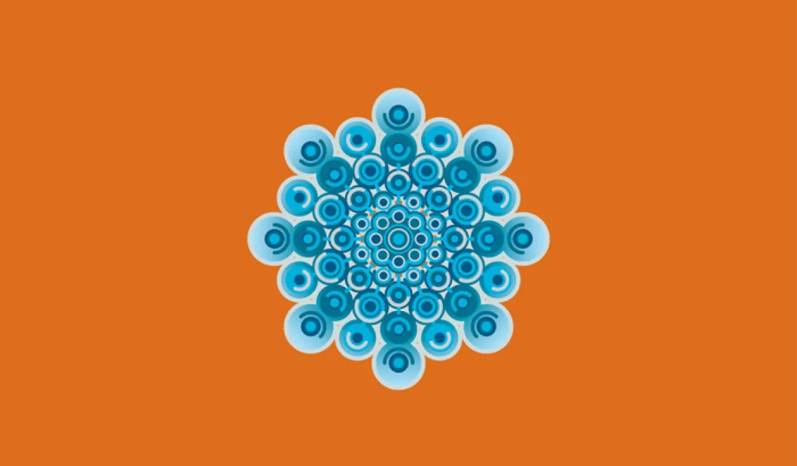 A selection of blue dots in varying shade of blue in the shape of a snowflake on an orange background.