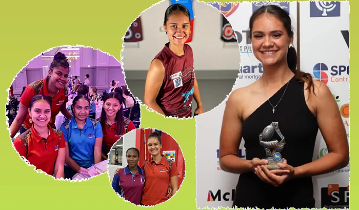 An amalgam of photos of young Indigenous women dressed in casual or sporting uniforms and in the case of one image, a woman in black dress holding a trophy in front of a background wall of business logos.
