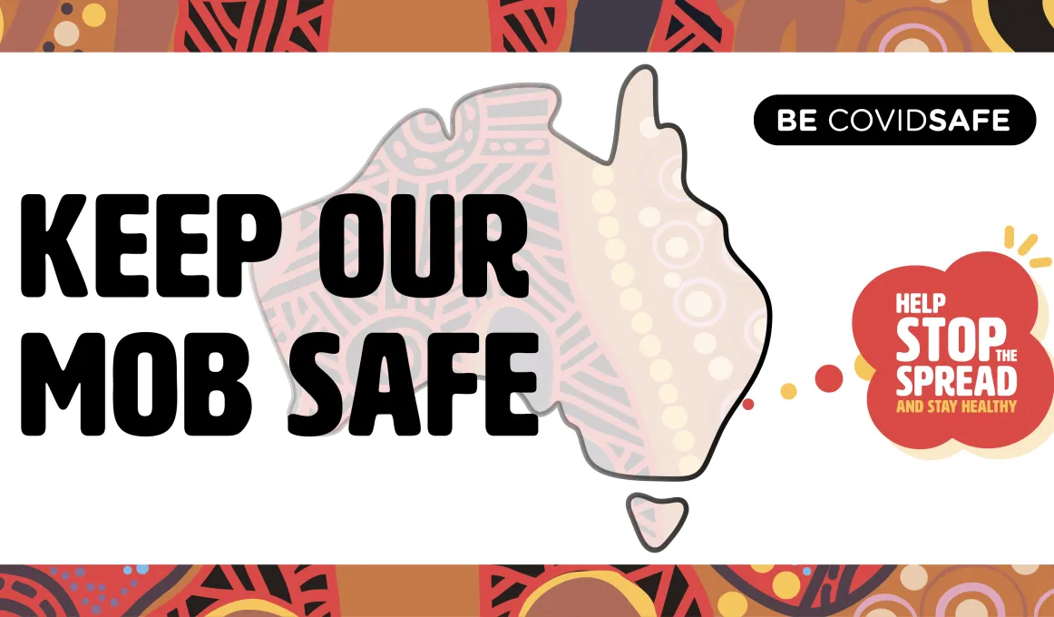 White tile on a colourful background has a map of Australia and the words: Keep our mob safe. Be CovidSafte and Help Stop Spread.