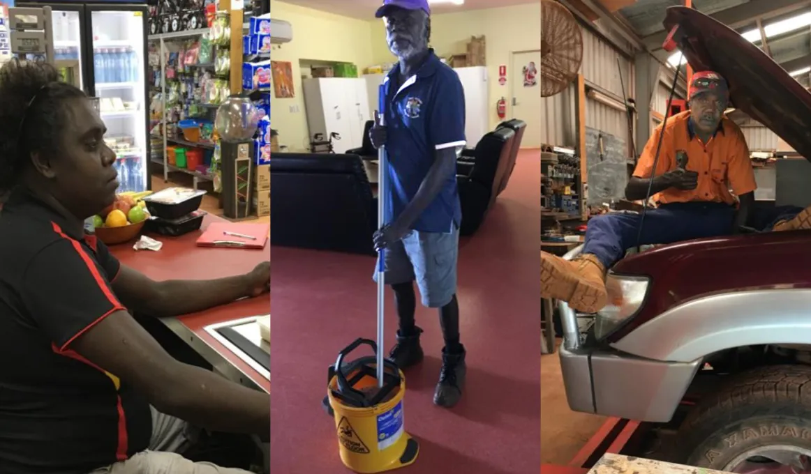 Three images in a row, from left to right. Elizabeth – an Aboriginal woman sitting behind a cash register in a store. Kevin – Aboriginal man in a room with a mop and bucket. Joel – Aboriginal man working on a car.