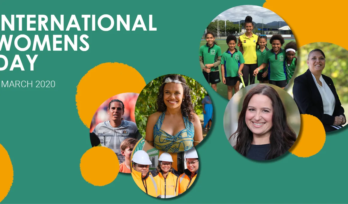 Green poster with yellow dots and multiple images of women in various forms of dress. In the top left corner are the words: International Women’s Day 8 march 2020.