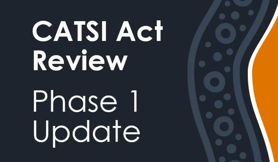 On a dark blue background, the words CATSI Act Review Phase 1 Update appear. On the right hand side of the image, there is some blue, orange and white wavy lines, circles and dots.