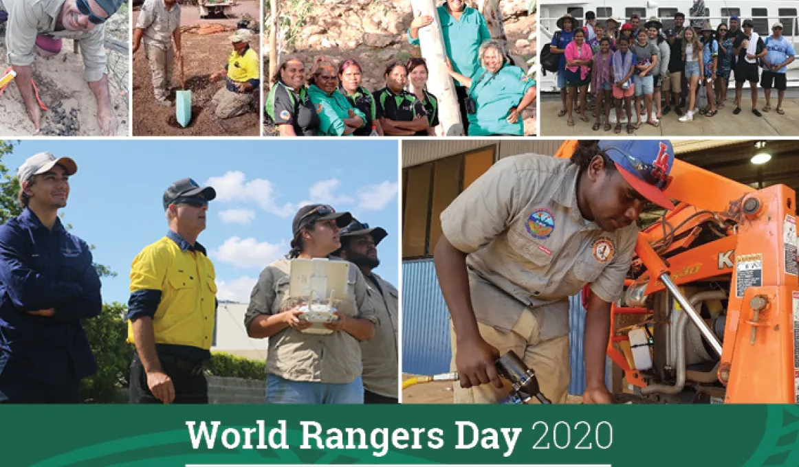 The words World Rangers Day 2020 appears on a green background with a white swirl pattern below. Above the words is a collage of 6 images with men and women in various uniforms working outside or with heavy machinery.