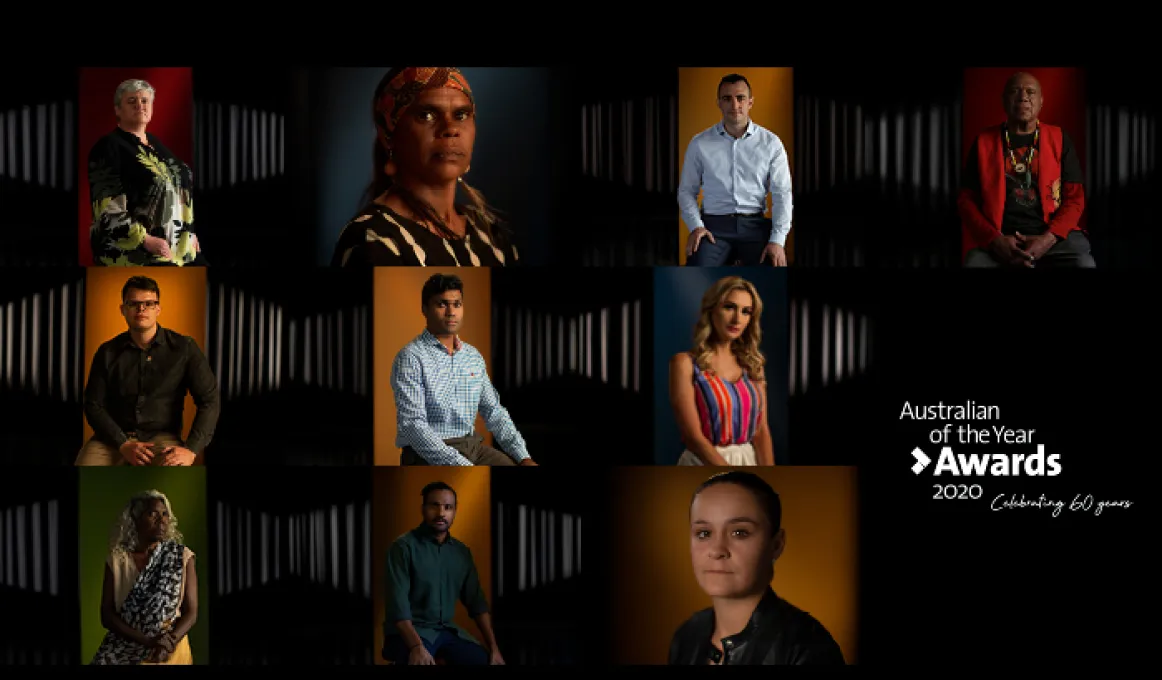 Ten people posing in individual photos each with a coloured background. To the right, the words "Australian of the Year Awards 2020 Celebrating 60 years" appears.