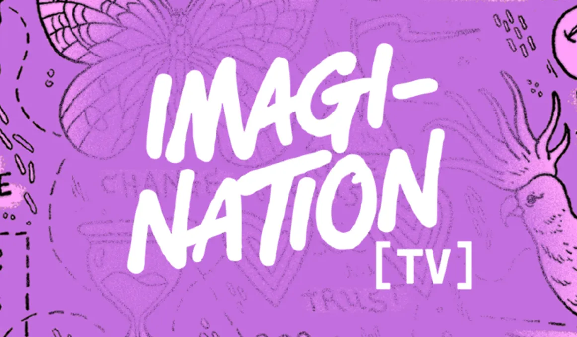 Purple and pink tile with line images of feet, a cockatoo, an emoji and more and at the centre are the words: Imagination [TV]