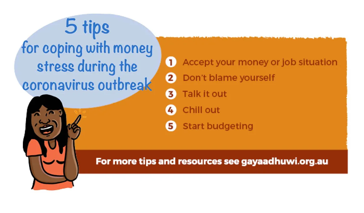 An animated image of a woman with a thought bubble above her head stands next to a orange and brown tile with the following words: 1 accept your money or job situation. 2 Don't blame yourself. 3 Talk it out. 4 Chill out. 5 Start budgeting. For more tips