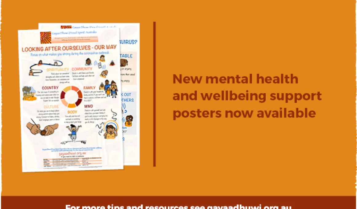 Orange tile with poster images. Words on the tile say New mental health and wellbeing support posters now available and a red bar on the bottom which says For more tip and resources see gayaadhuwi.org.au