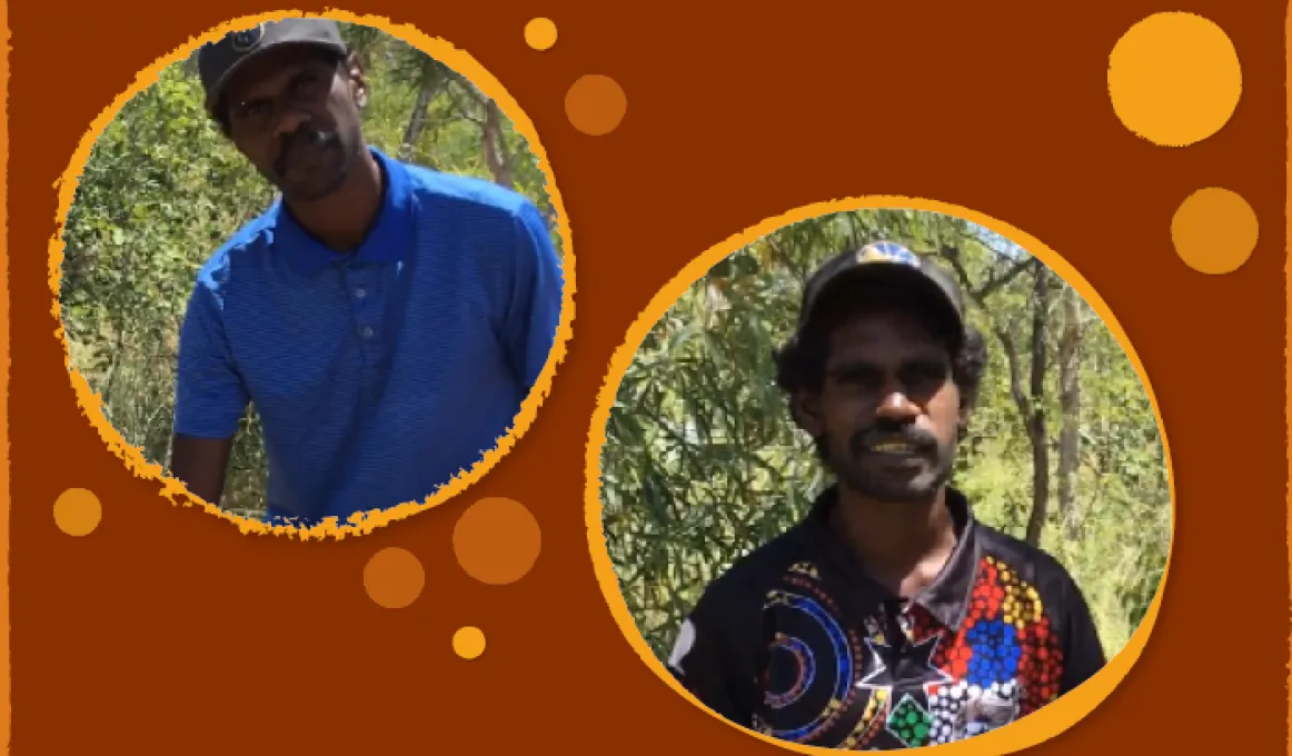 On a brown and yellow background there are two circles each containing the photo of a man. The first photo includes a man in a blue shirt and black cap and the second photos includes a man in a black hat and black t-shirt with colourful dot painting.