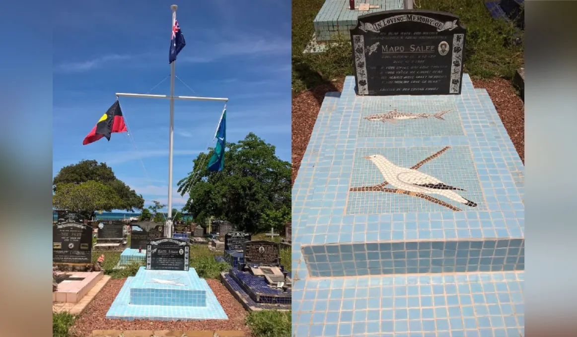 2 images side by side of a gravesite featuring blue tiles over the grave and a black headstone. Behind is a flag pole featuring the Aboriginal, Australian and Torres Strait Islands flag.