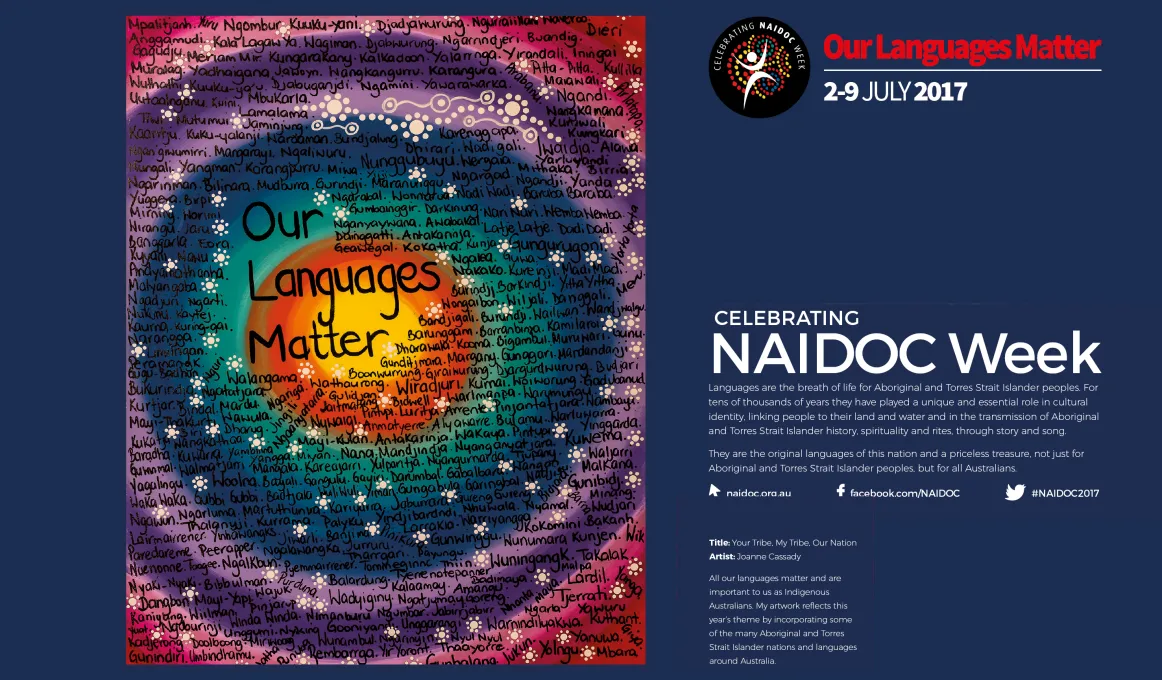Image made up of two parts: on the left is a poster made of multiple colours in circles around the words ‘Our Languages Matter’. The poster is covered with many Indigenous language group names. On the right are details of NAIDOC Week
