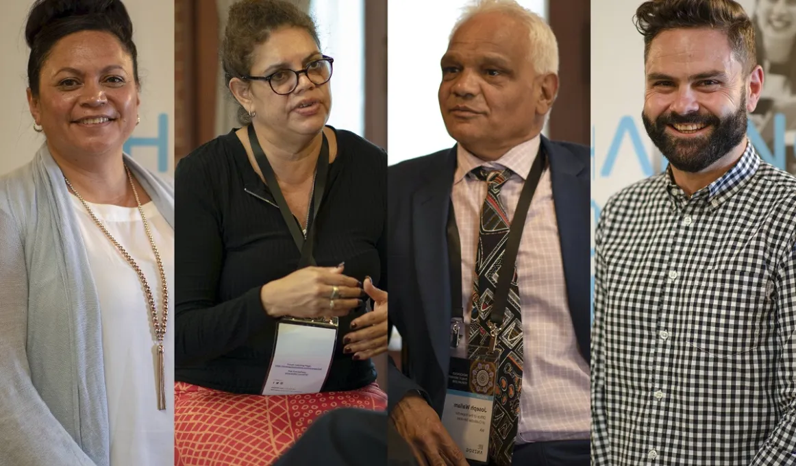 Montage of four people – from left: Maori woman in blue top, Aboriginal woman in dark top and orange skirt, Aboriginal man in blue suit and Aboriginal man in checked shirt.