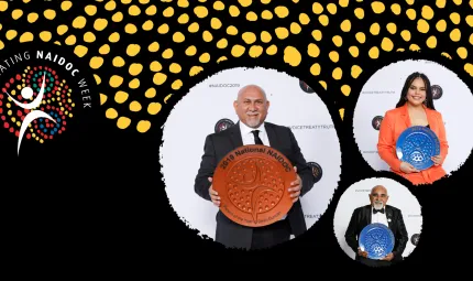 At left is a small circular logo featuring white human shaped image on a background of dots in circular pattern. At right are 3 images of Indigenous people holding plate shaped trophies. Images are on a black background with yellow dot formation above.