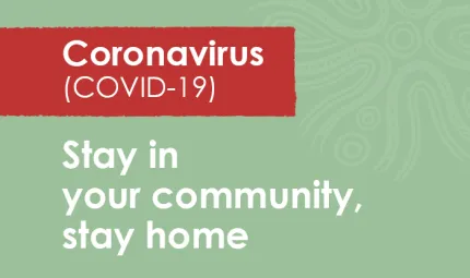 A predominantly green tile with the words Coronavirus (COVID-19) on a red background and the words, 'Stay in your community, stay home' on the green.