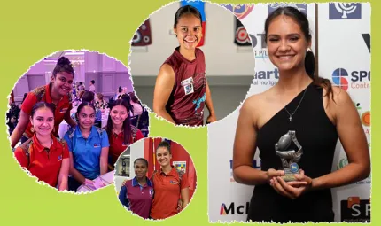 An amalgam of photos of young Indigenous women dressed in casual or sporting uniforms and in the case of one image, a woman in black dress holding a trophy in front of a background wall of business logos.