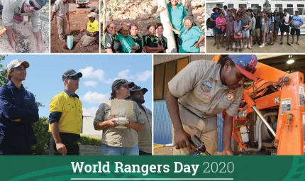 The words World Rangers Day 2020 appears on a green background with a white swirl pattern below. Above the words is a collage of 6 images with men and women in various uniforms working outside or with heavy machinery.