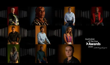Ten people posing in individual photos each with a coloured background. To the right, the words "Australian of the Year Awards 2020 Celebrating 60 years" appears.