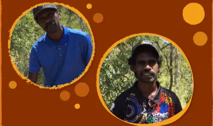 On a brown and yellow background there are two circles each containing the photo of a man. The first photo includes a man in a blue shirt and black cap and the second photos includes a man in a black hat and black t-shirt with colourful dot painting.