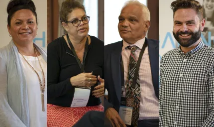 Montage of four people – from left: Maori woman in blue top, Aboriginal woman in dark top and orange skirt, Aboriginal man in blue suit and Aboriginal man in checked shirt.