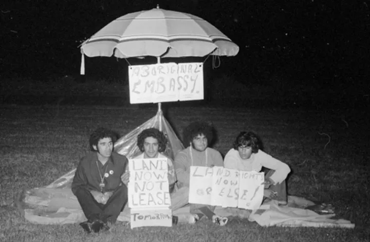 The Aboriginal Tent Embassy when it first began. Credit: Mitchell Library, State Library of New South Wales and Courtesy SEARCH Foundation/Noel Hazard.
