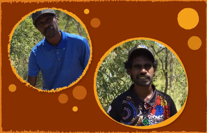 On a brown and yellow background there are two circles each containing the photo of a man. The first photo includes a man in a blue shirt and black cap and the second photos includes a man in a black hat and black t-shirt with colourful dot painting.