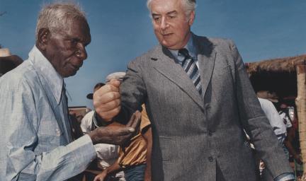 Prime Minister Gough Whitlam and Gurindji Leader Vincent Lingiari, Photo credit: Mervyn Bishop