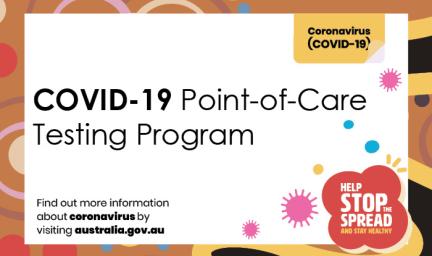White tile on colourful background with traditional designs. In the white tile are the words: covid-19 point of car testing program. Find out more information about coronavirus by visiting australia.gov.au. Help stop the spread and stay healthy.