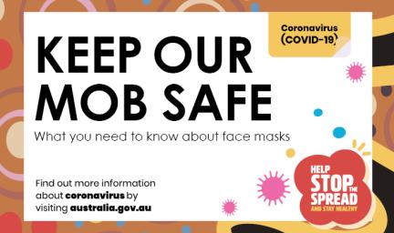 White tile on a colourful background. Words on the tile say: Keep our mob safe. What you need to know about face masks. Find out more information about coronavirus by visiting australia.gov.au. A log at bottom right says: help stop the spread.