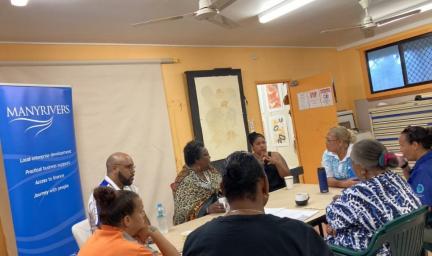 A group of people sit around a table in a room with various posters and other items on the walls.
