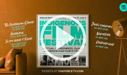 Brown tile with writing and figures of a seat with cushions on it and a lamp at right. In the middle is a poster with the words Indigenous Film Festival. Over the poster is a white circle and inside is a white triangle pointing to the right.