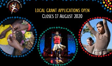 On a black background are three circular panels. At left are hands working on jewellery. In the middle is a dancr in traditional costume. At right are two young women in brown costume with hands in the air. At the top of the tile are coloured dots.