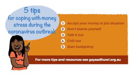 An animated image of a woman with a thought bubble above her head stands next to a orange and brown tile with the following words: 1 accept your money or job situation. 2 Don't blame yourself. 3 Talk it out. 4 Chill out. 5 Start budgeting. For more tips