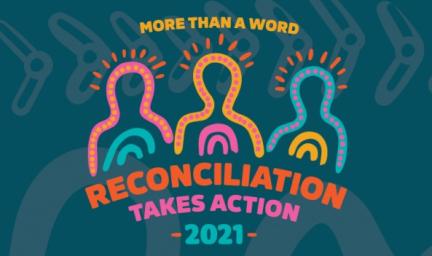 Blue tile with 3 dot and line formed human shapes. Words are: More than a word. Reconciliation takes action 2021.